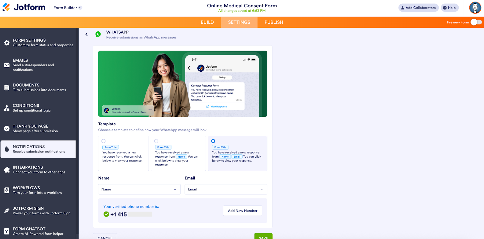 Viewing the confirmation of the verified phone number on the Whatsapp page on Jotform Form Builder