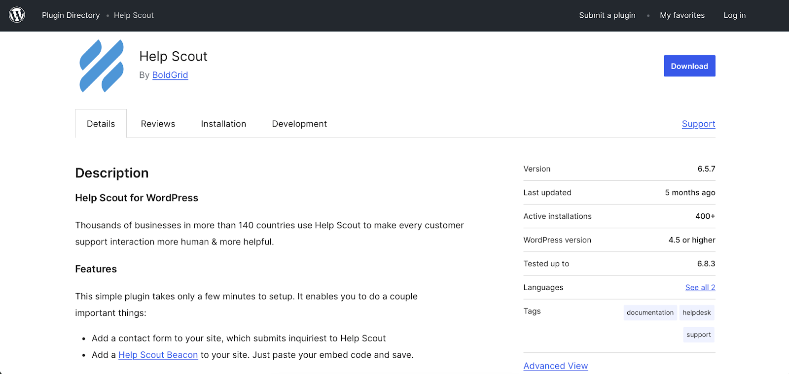 Screenshot of Help Scout WordPress plug-in details section