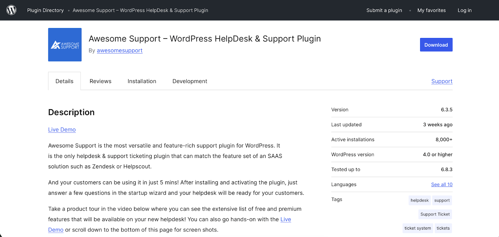Screenshot of Awesome Support WordPress plug-in details section