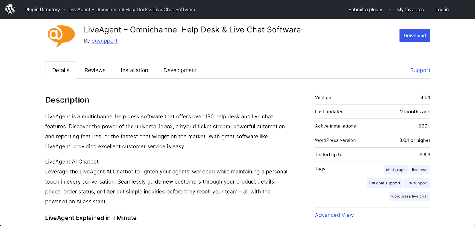 Screenshot of LiveAgent WordPress plug-in details section