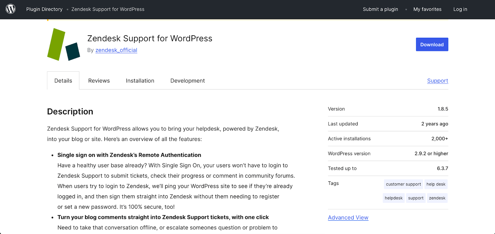 Screenshot of Zendesk WordPress plug-in details section