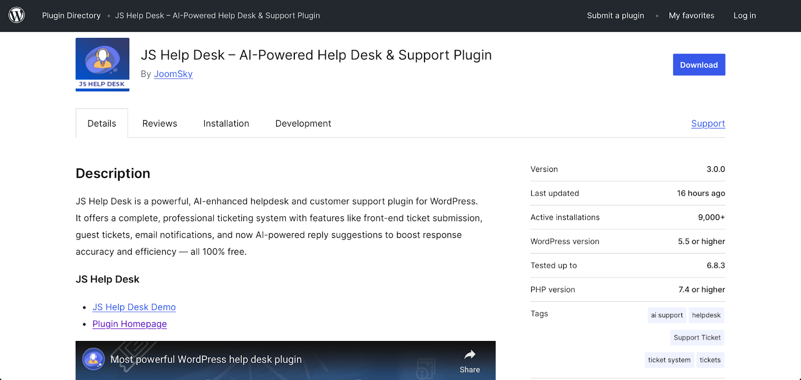 Screenshot of JS Help Desk WordPress plug-in details section