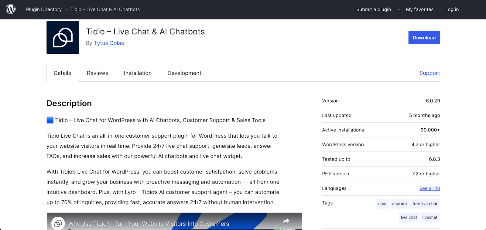 Screenshot of Tidio WordPress plug-in details section