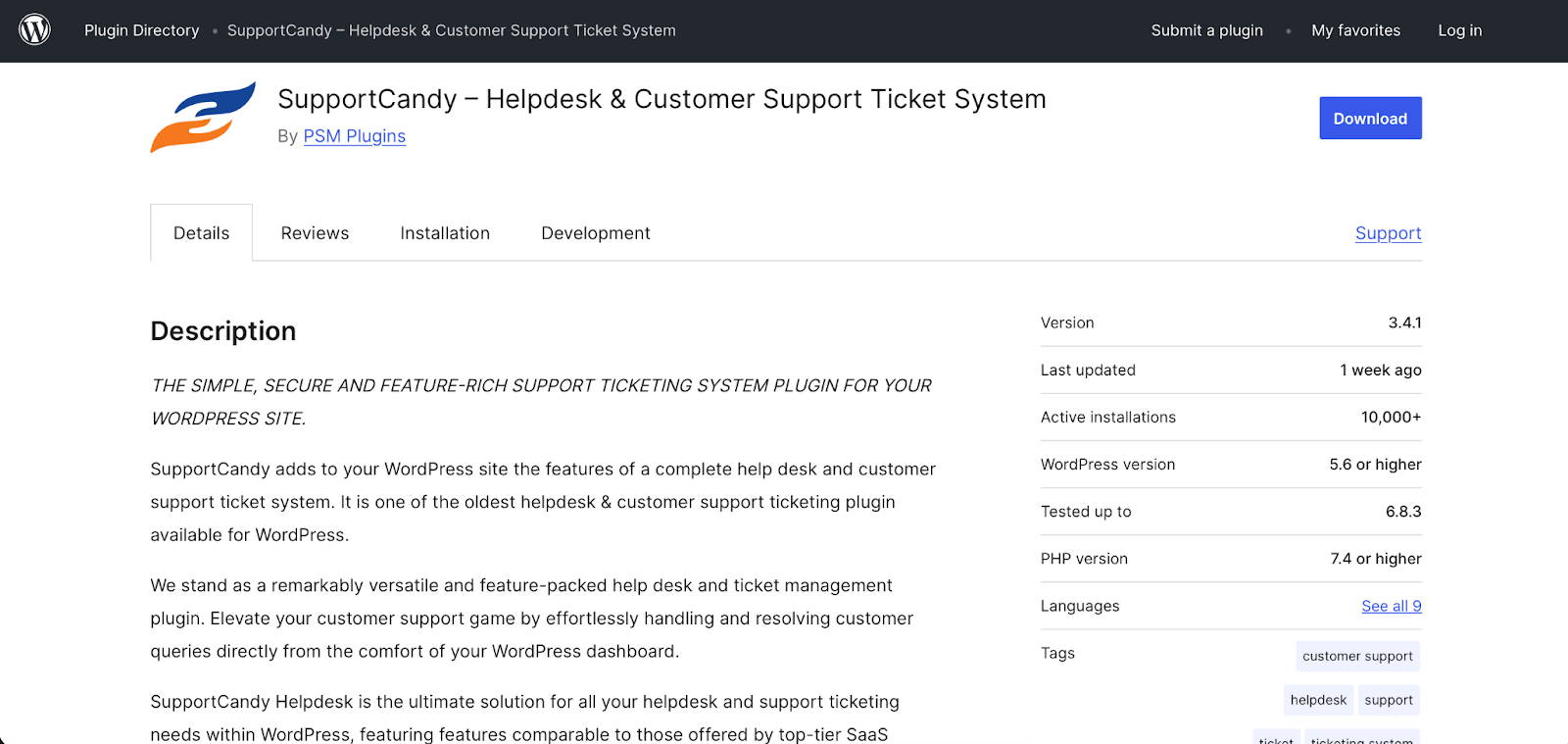 Screenshot of SupportCandy WordPress plug-in details section