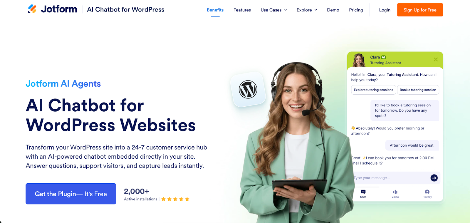 Screenshot of Jotform AI Chatbot for WordPress landing page