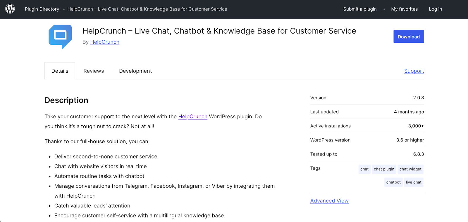 Screenshot of HelpCrunch WordPress plug-in details section