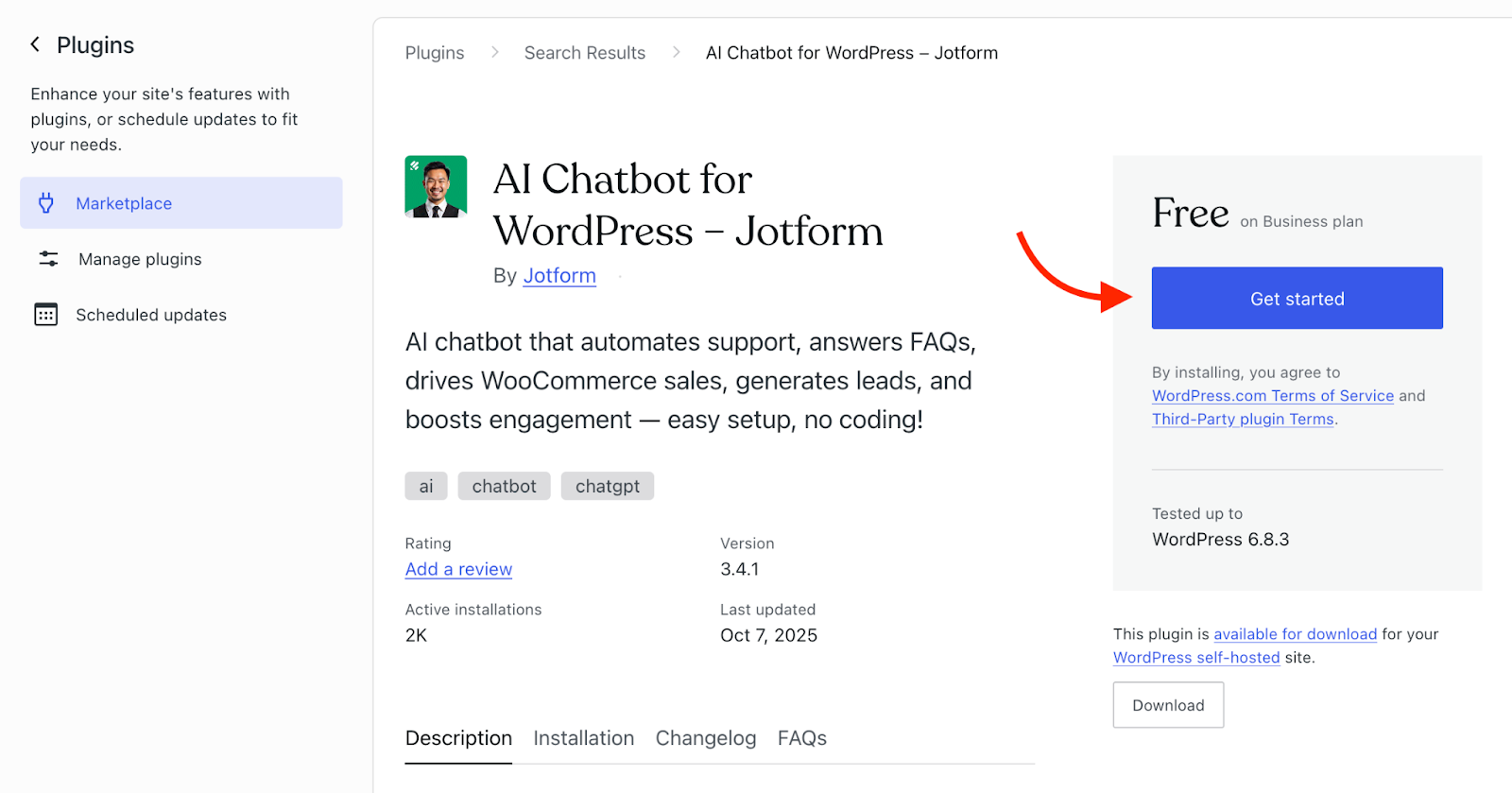 WordPress Plugins Marketplace page for ‘AI Chatbot for WordPress – Jotform,’ showing the plugin details and a blue ‘Get started’ button on the right, highlighted with a red arrow to indicate where to begin installation