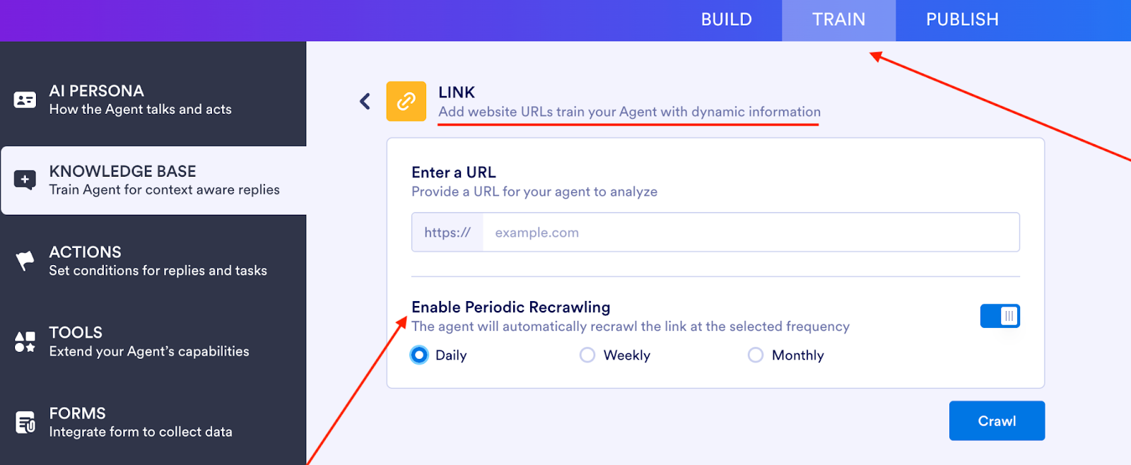 Jotform AI Agent Builder Train Menu Knowledge Base Link Crawling Option