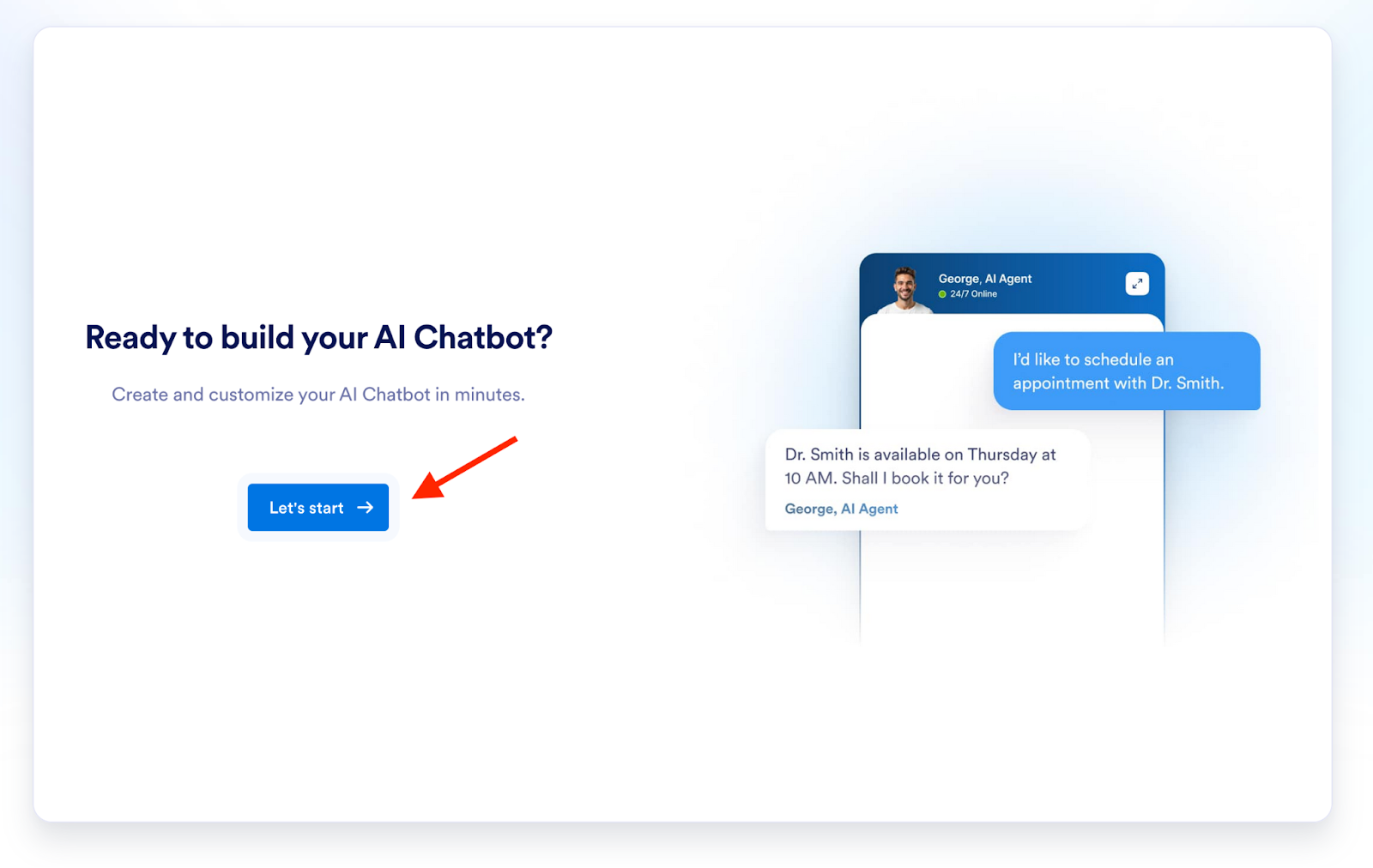 Jotform AI Chatbot Builder landing page with the heading ‘Ready to build your AI Chatbot?’ and a blue ‘Let’s start’ button, highlighted by a red arrow to show where to begin
