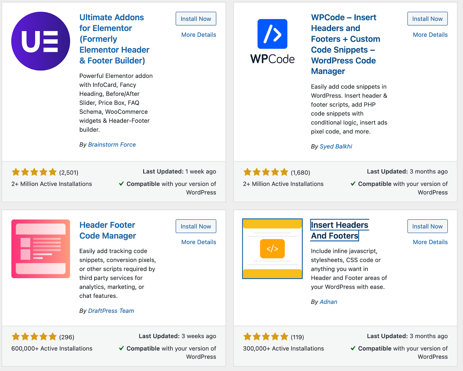 WordPress plugin marketplace showing header and footer code insertion plugins