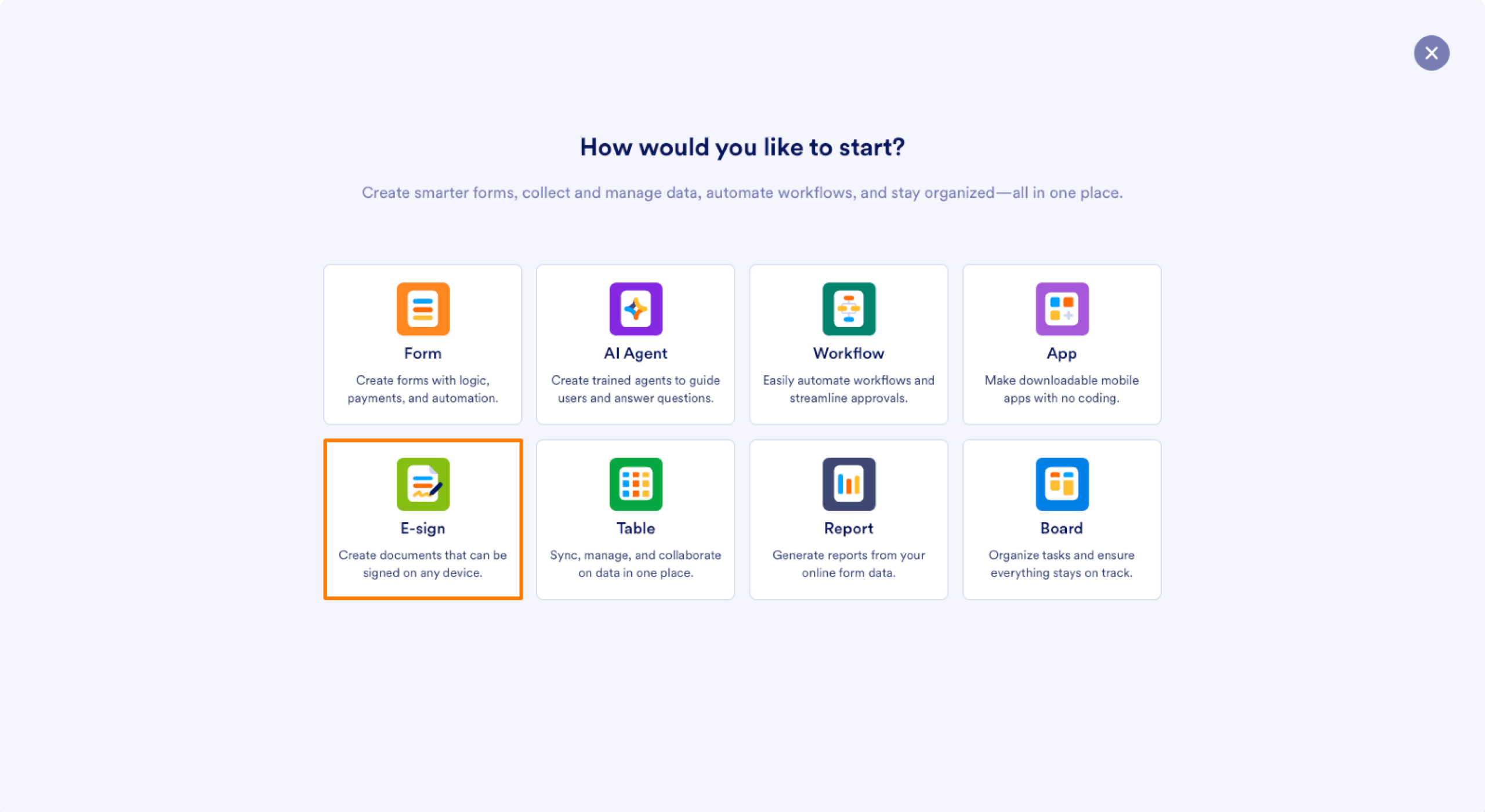 Jotform Workspace Asset Selection Menu