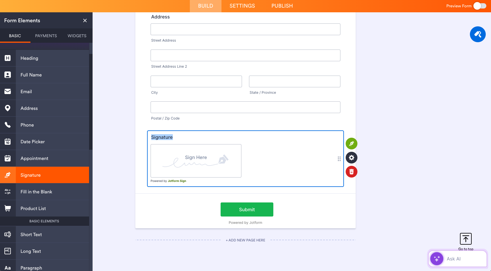 Jotform Form Builder Adding a Signature Field to a Form