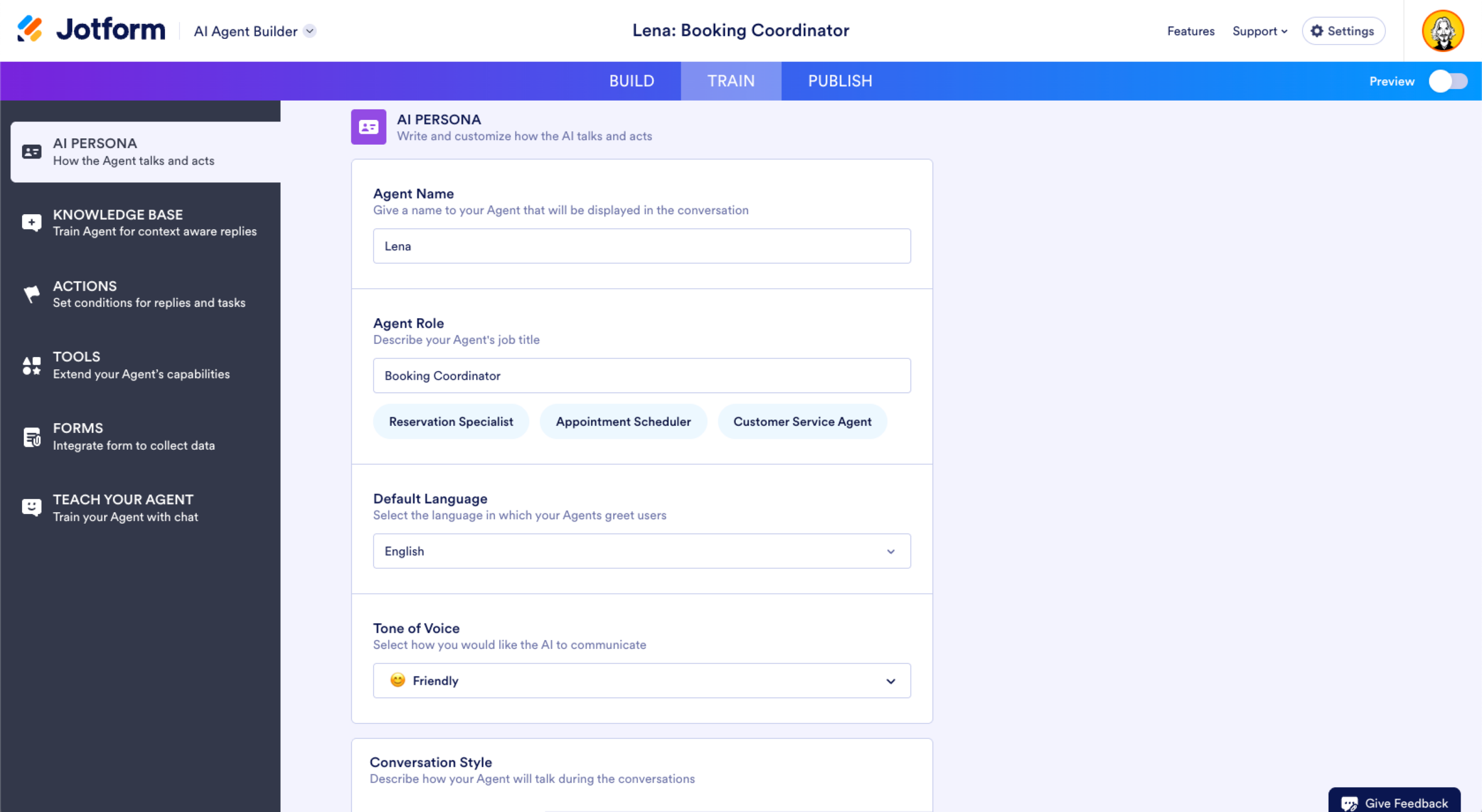 Jotform AI Agent Train Tab AI Persona