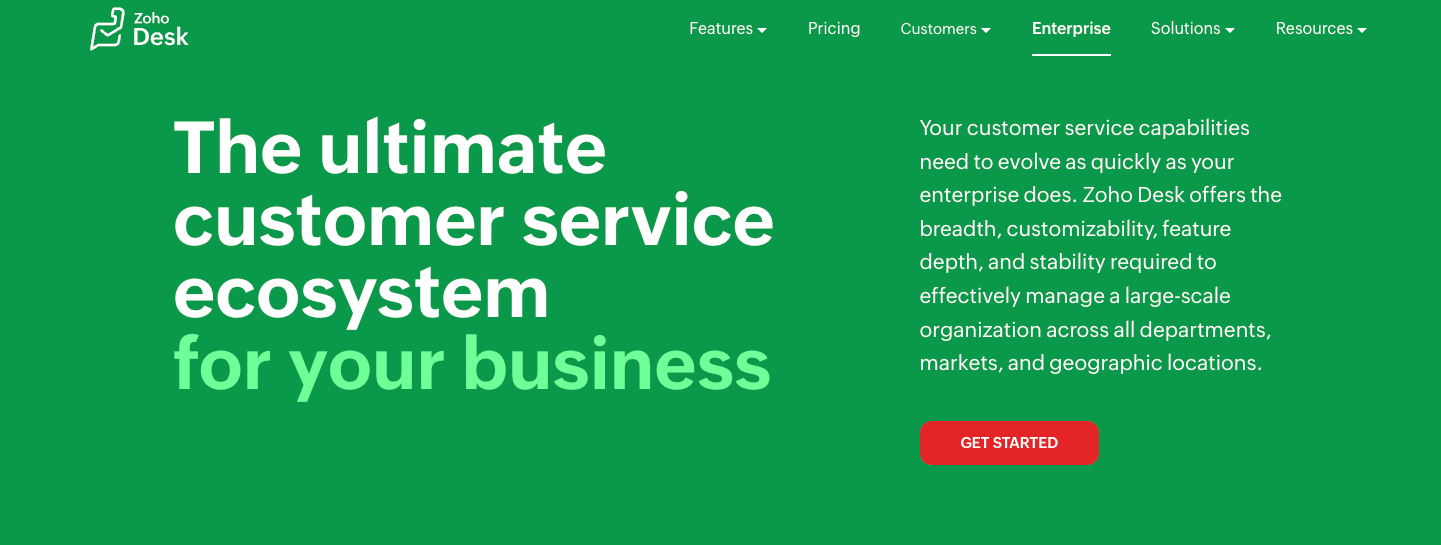 Zoho Desk website with the words: "The ultimate customer service ecosystem for your business"