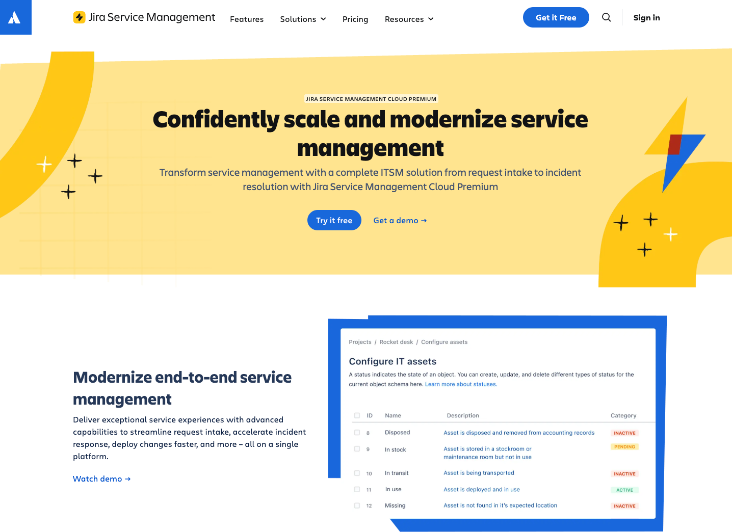 Jira Service Management website with the words: "Confidently scale and modernize service management"