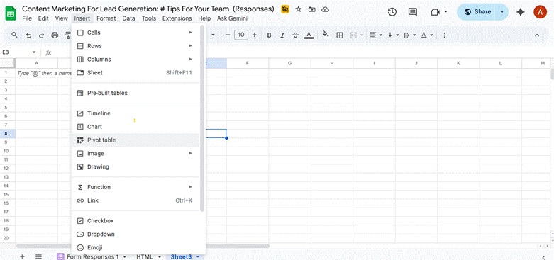 Google Sheets Insert Dropdown Pivot Tabel Option
