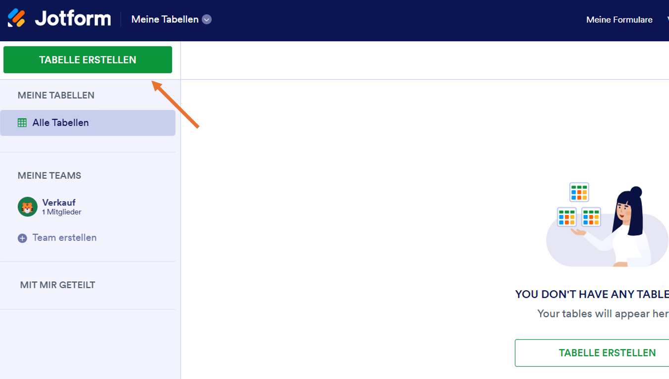 Jotform Meine Tabellen Homepage Klicken Sie auf Tabelle erstellen
