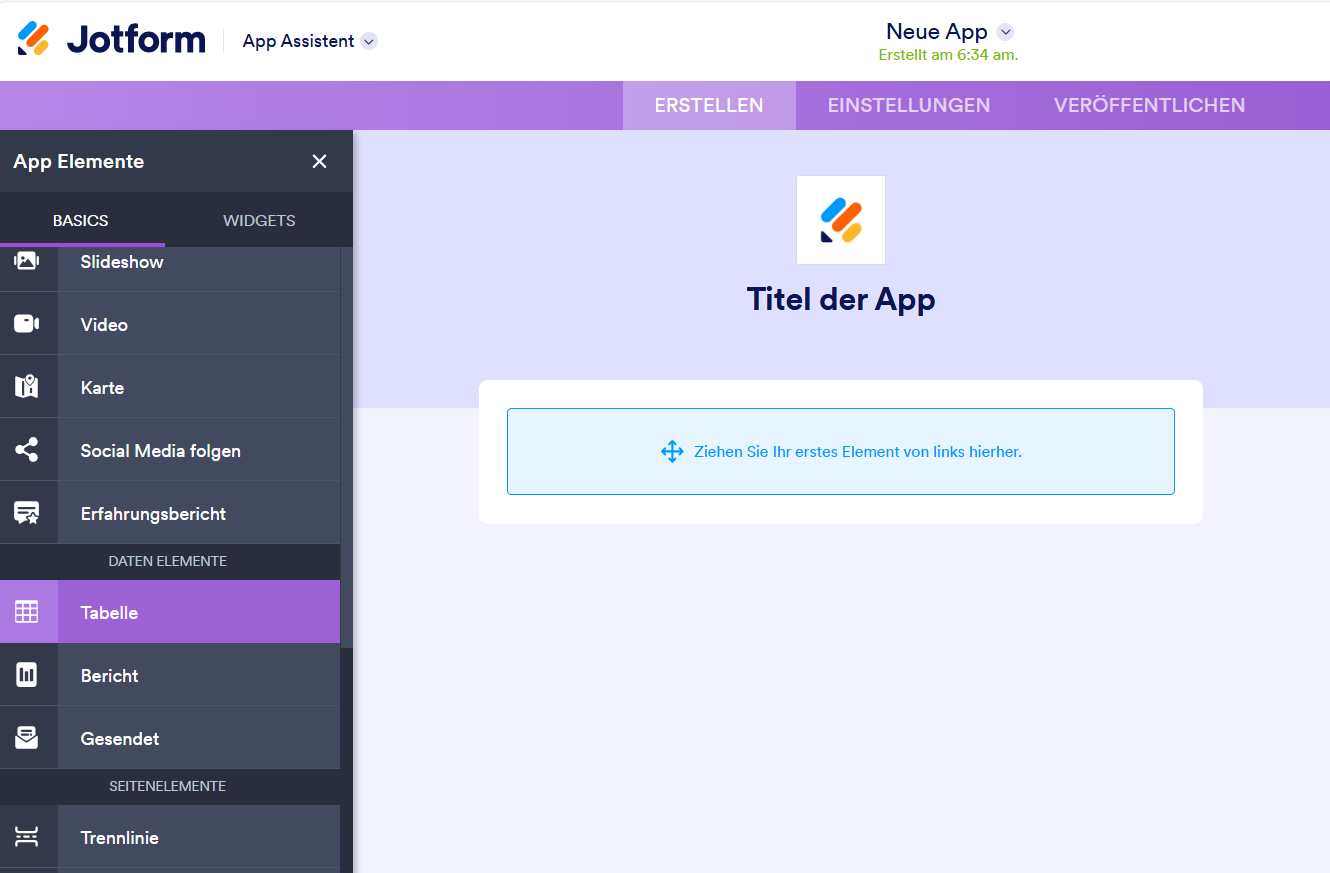 Auswahl des Tabellenfeldes in den App-Elementen im Jotform App Generator