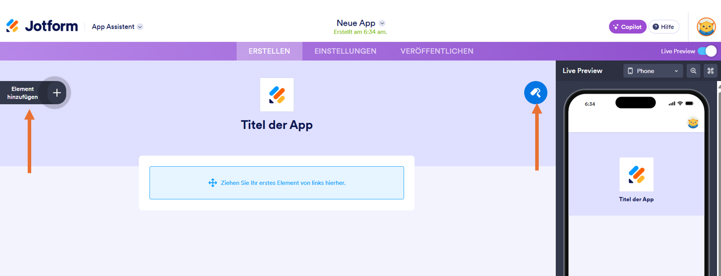 Neue App im Jotform App Generator geöffnet und auf Element hinzufügen geklickt