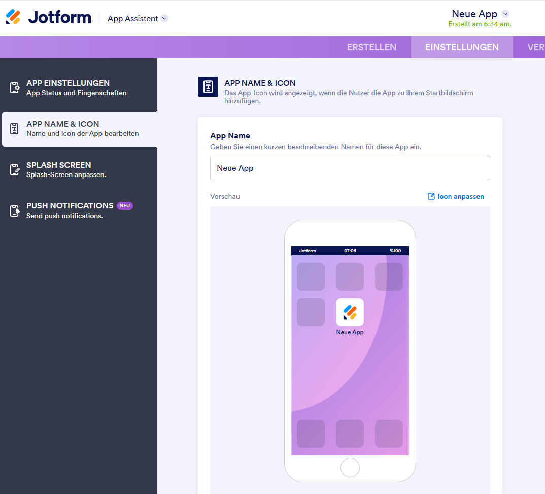 Anzeigen des App-Namens und des Symbols unter der Registerkarte „Einstellungen“ im Jotform App Generator