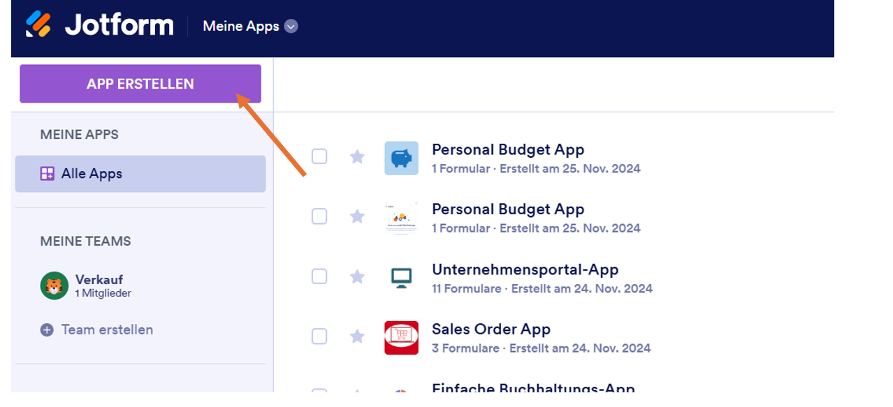 Jotform Meiney Apps Homepage Klicken Sie auf App erstellen