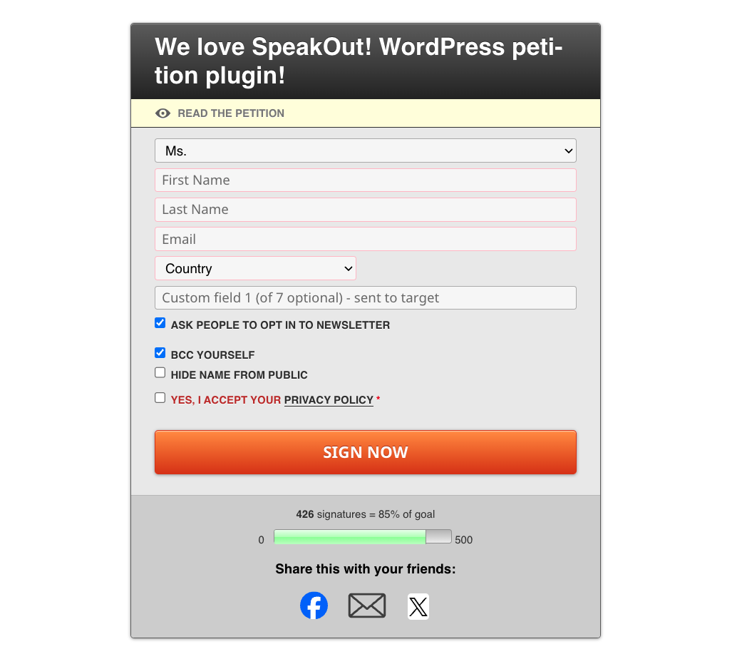 SpeakOut! E-Mail-Petitionen Demo-Formular