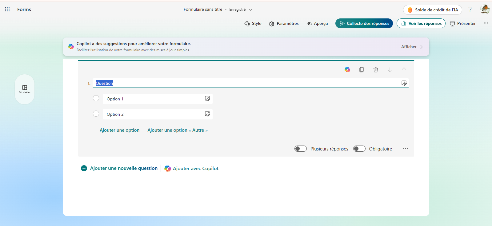 Fenêtre du bouton « Ajouter une nouvelle question » dans Microsoft Forms