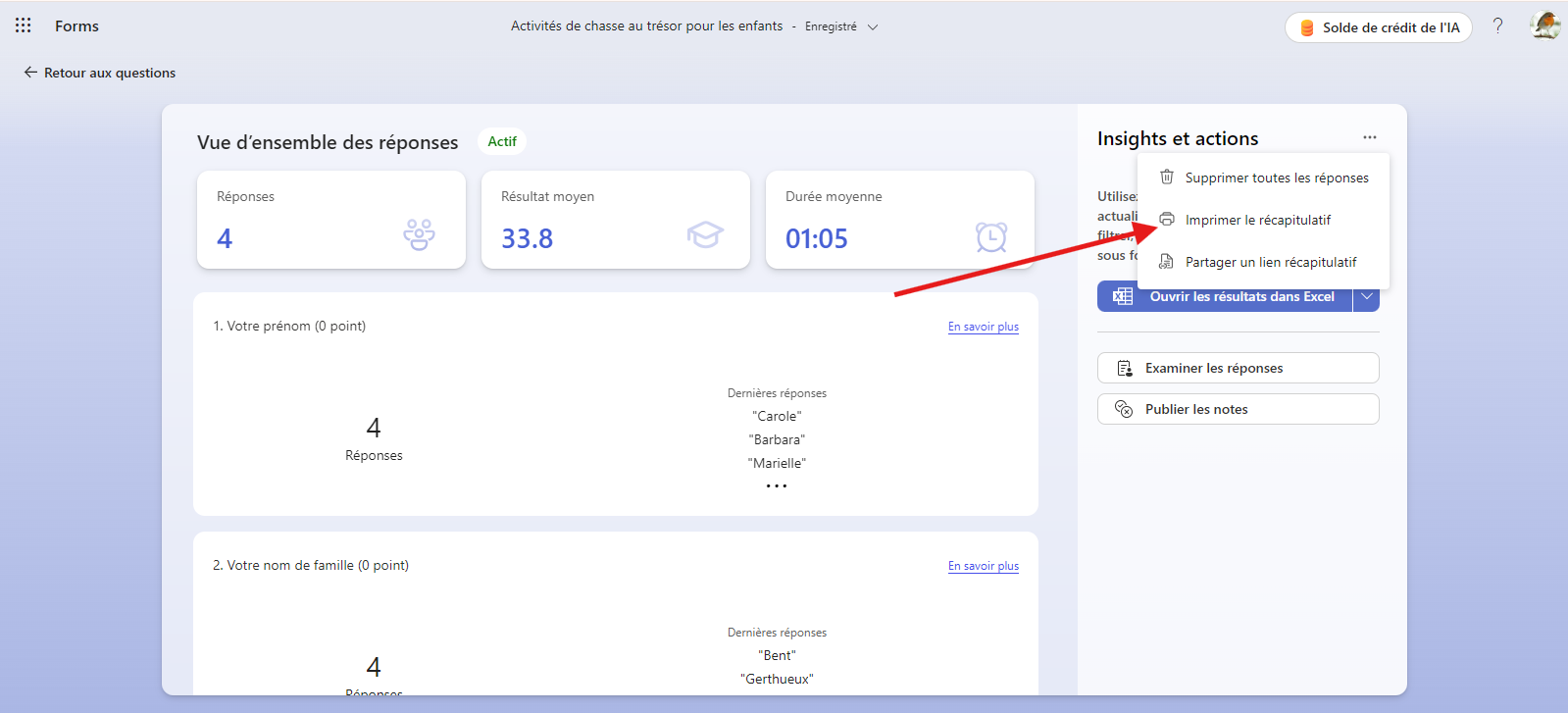 Afficher la page de résultats sur les formulaires Microsoft en cliquant sur le menu à trois points 