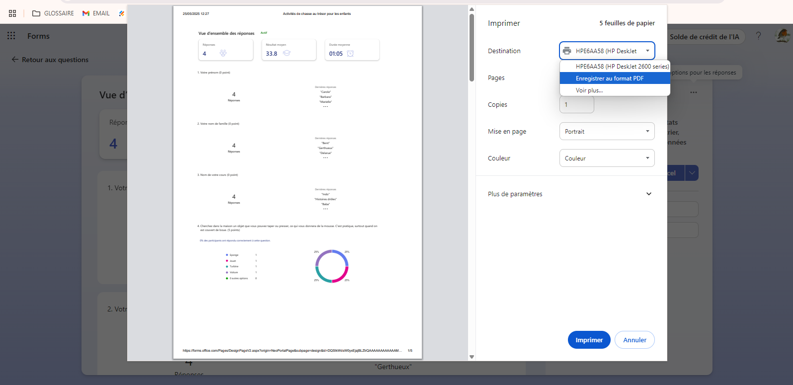 Affichage de la page d’options d’impression dans Microsoft Forms