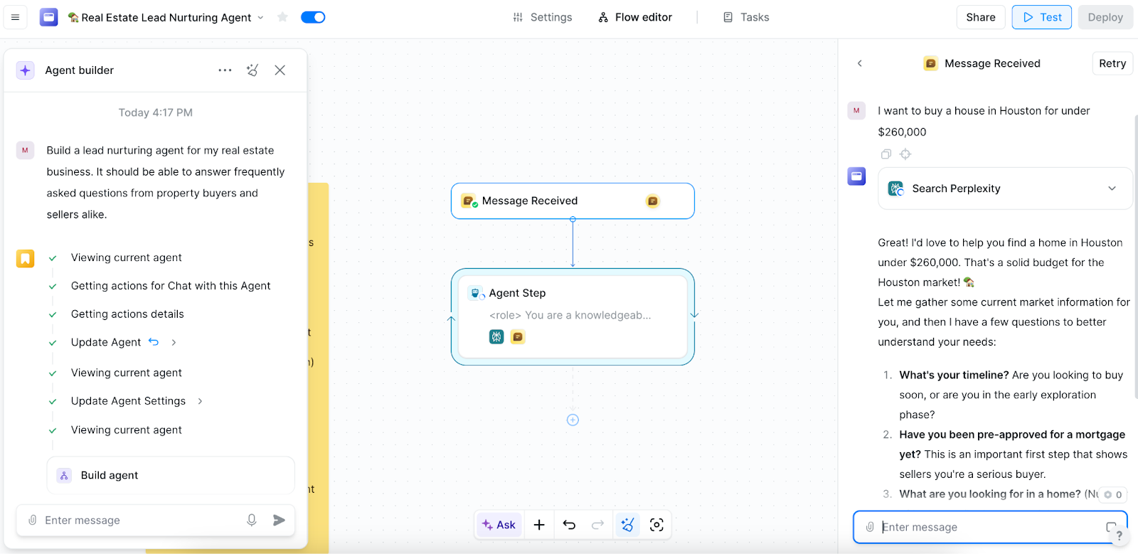 Screenshot of an AI workflow builder interface showing an agent setup with message routing, task nodes, and a chat preview panel on the right