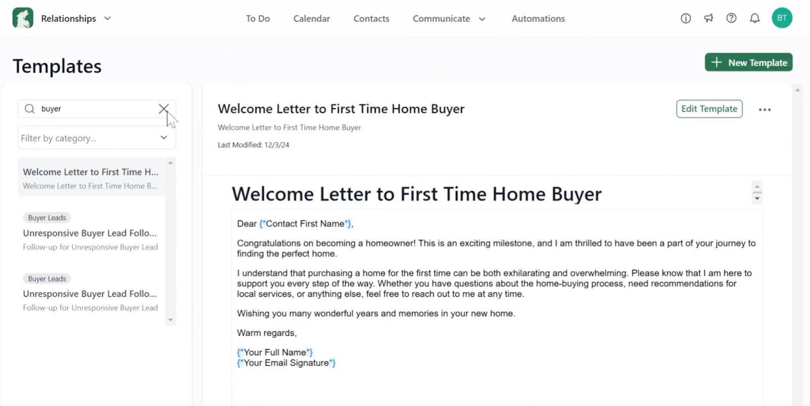 Screenshot of a CRM or marketing platform template library showing a “Welcome Letter to First Time Home Buyer” email template open for editing