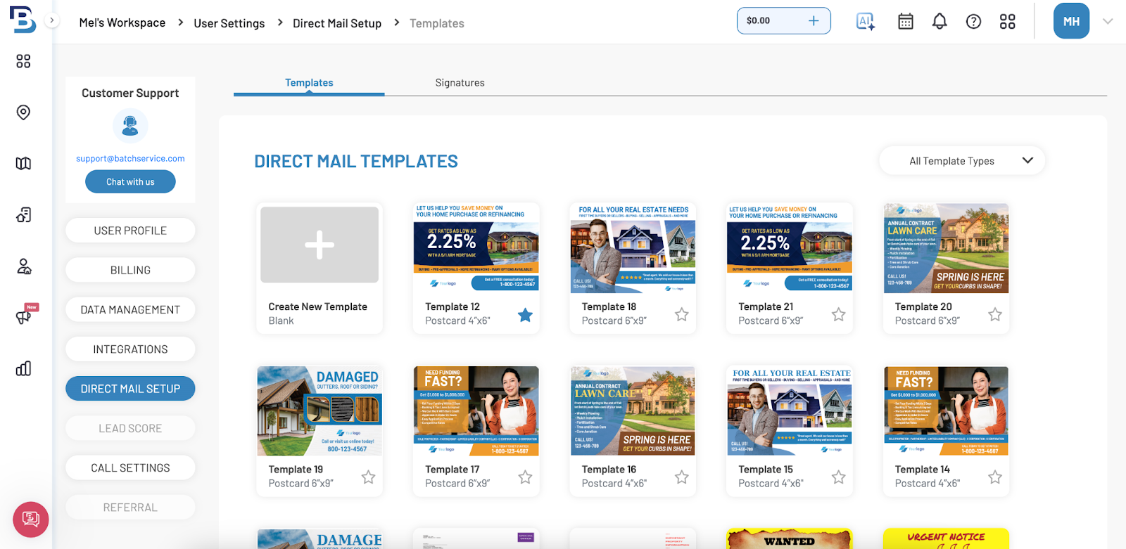 BatchLeads' direct mail templates dashboard displaying real estate postcard designs