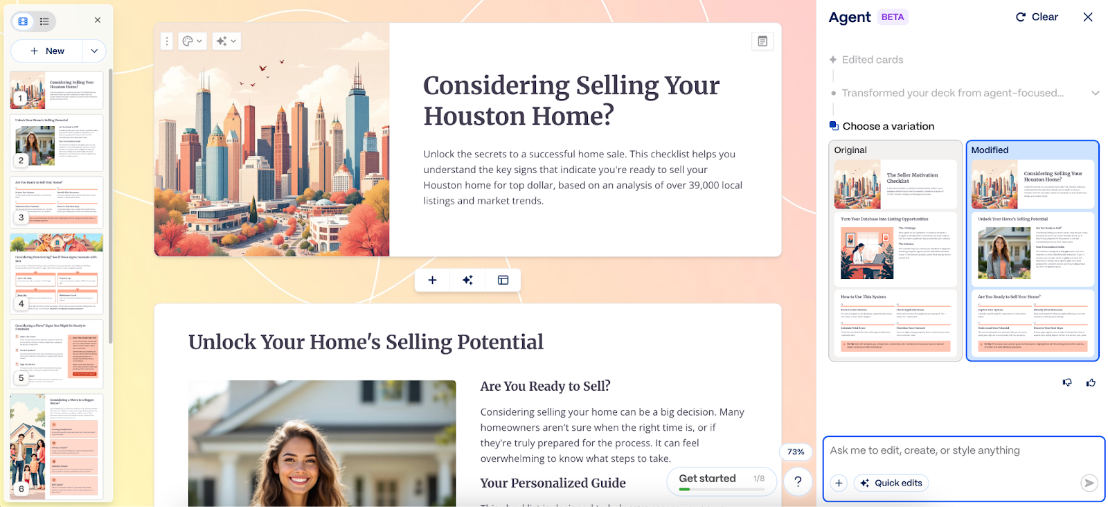 Screenshot of an AI content editor generating a real estate landing page titled “Considering Selling Your Houston Home?” with layout and content variations visible