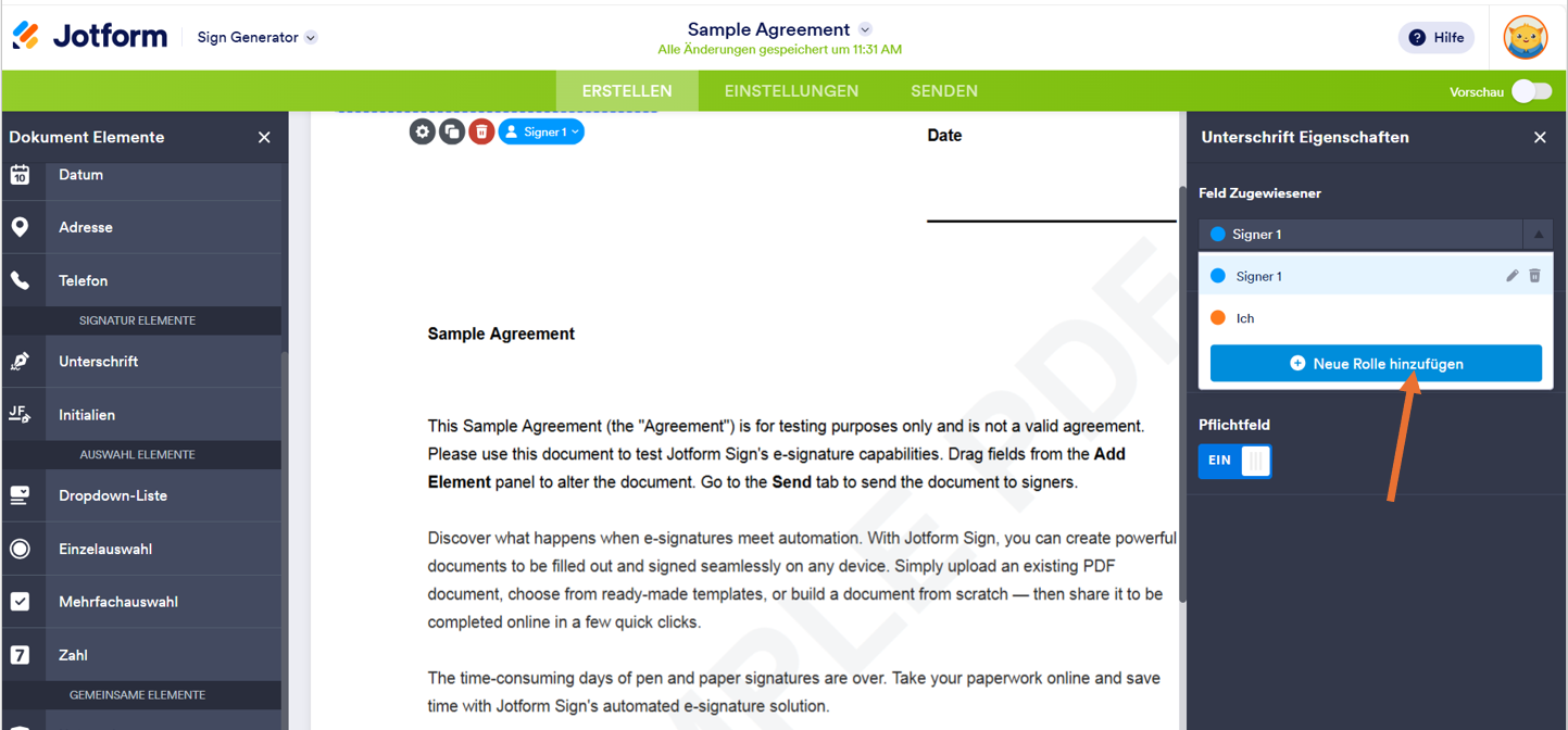 Drag & Drop in den Sign Generator ziehen, um sie hinzuzufügen