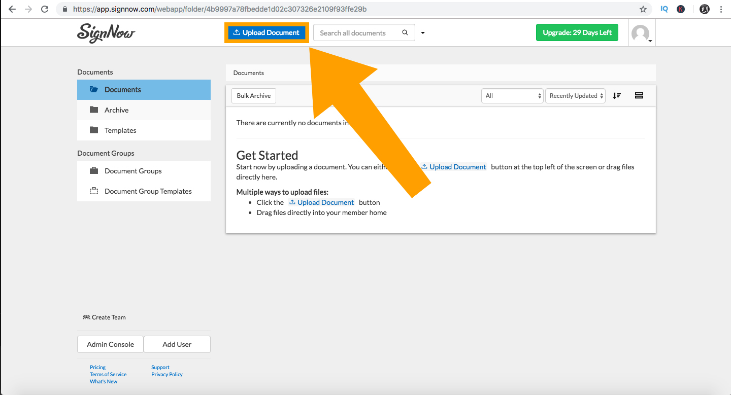 Klicken Sie auf die Option „Dokument hochladen“ in Signnow