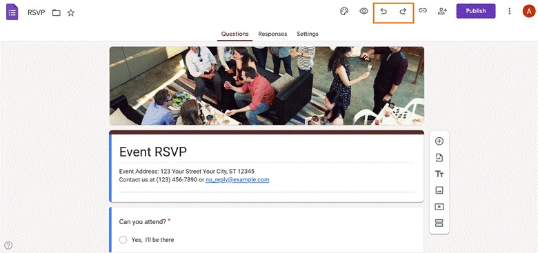 Viewing the undo and redo buttons on Google Forms