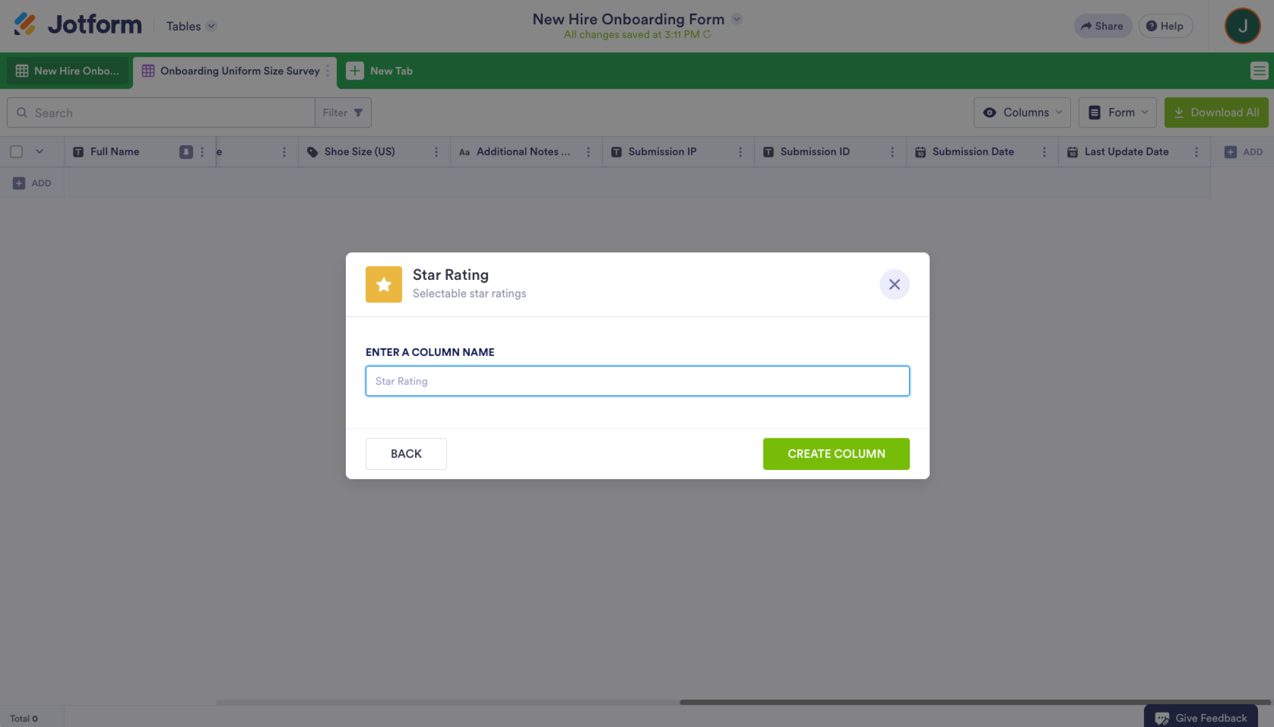 Jotform tables Naming a New Column