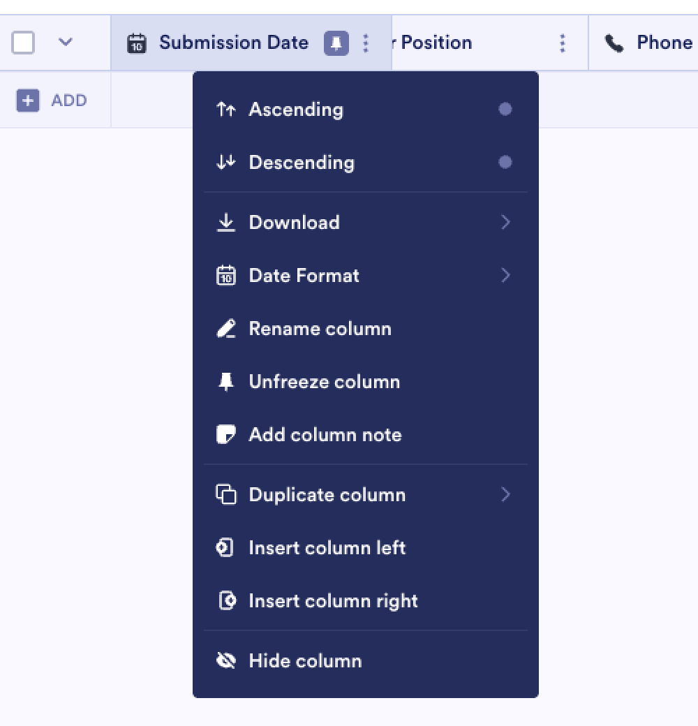 Jotform Tables Sorting Data Menu