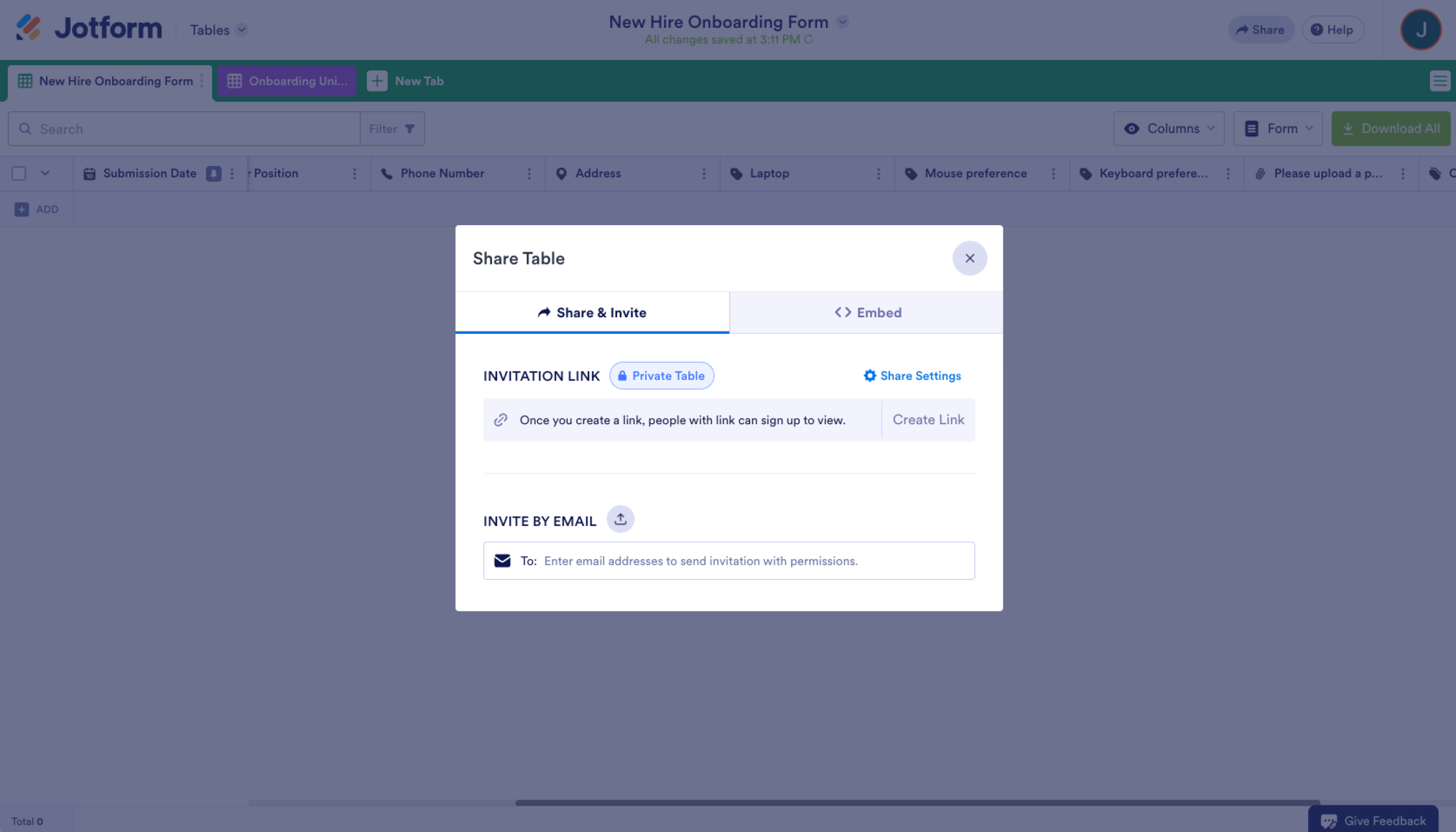 Jotform Tables Share Menu