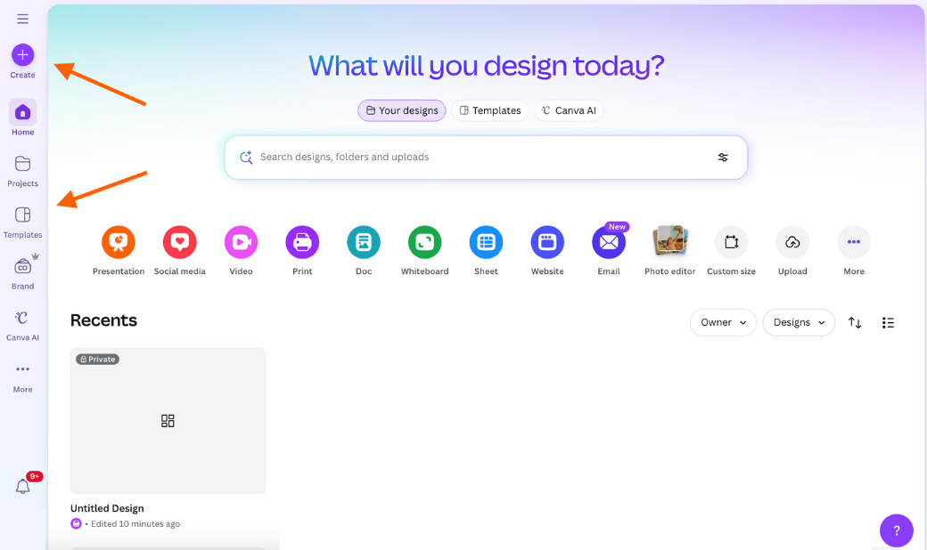 Canva home dashboard showing the “What will you design today?” screen with the left sidebar menu highlighted, including Create, Home, Projects, and Templates