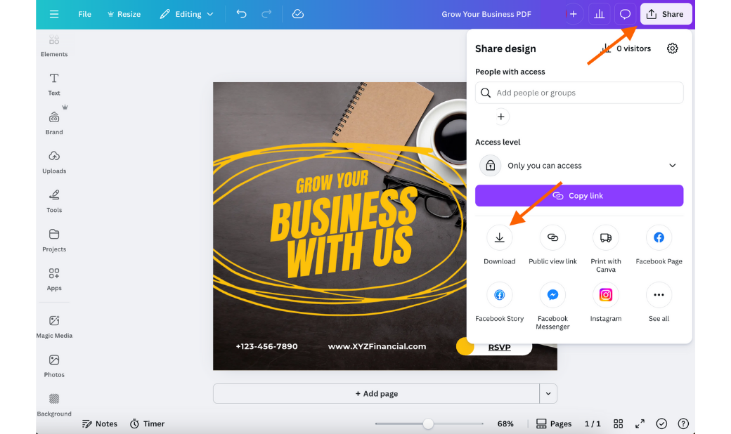 Canva editor with the Share panel open, showing options to copy a design link, download the file, or share it on social platforms