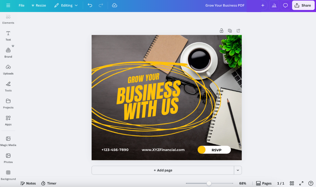Canva design editor displaying a business flyer with the headline “Grow Your Business With Us,” showing the left editing panel and page layout controls