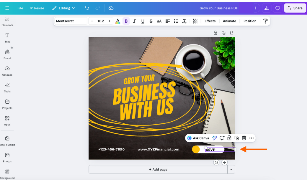 Canva editor with a text element selected on a business flyer, showing the text formatting toolbar