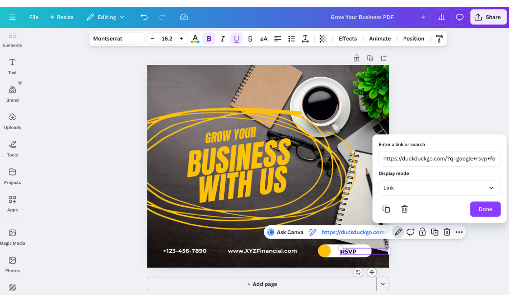 Canva design editor displaying a link settings panel where a URL is being added to a text on a business flyer