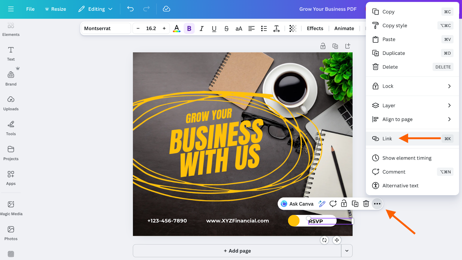 Canva editor showing a business flyer with the right-click context menu open, highlighting the “Link” option for a selected text