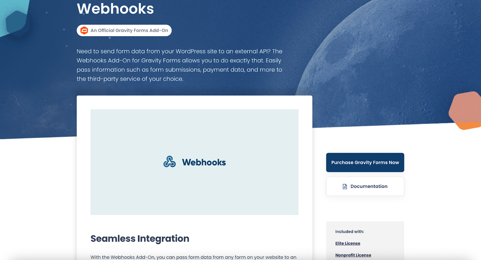Screenshot of the Gravity Forms Webhooks add-on page, showing the key features