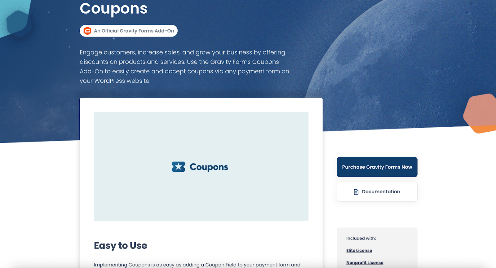Screenshot of the Gravity Forms Coupons add-on page, showing the key features