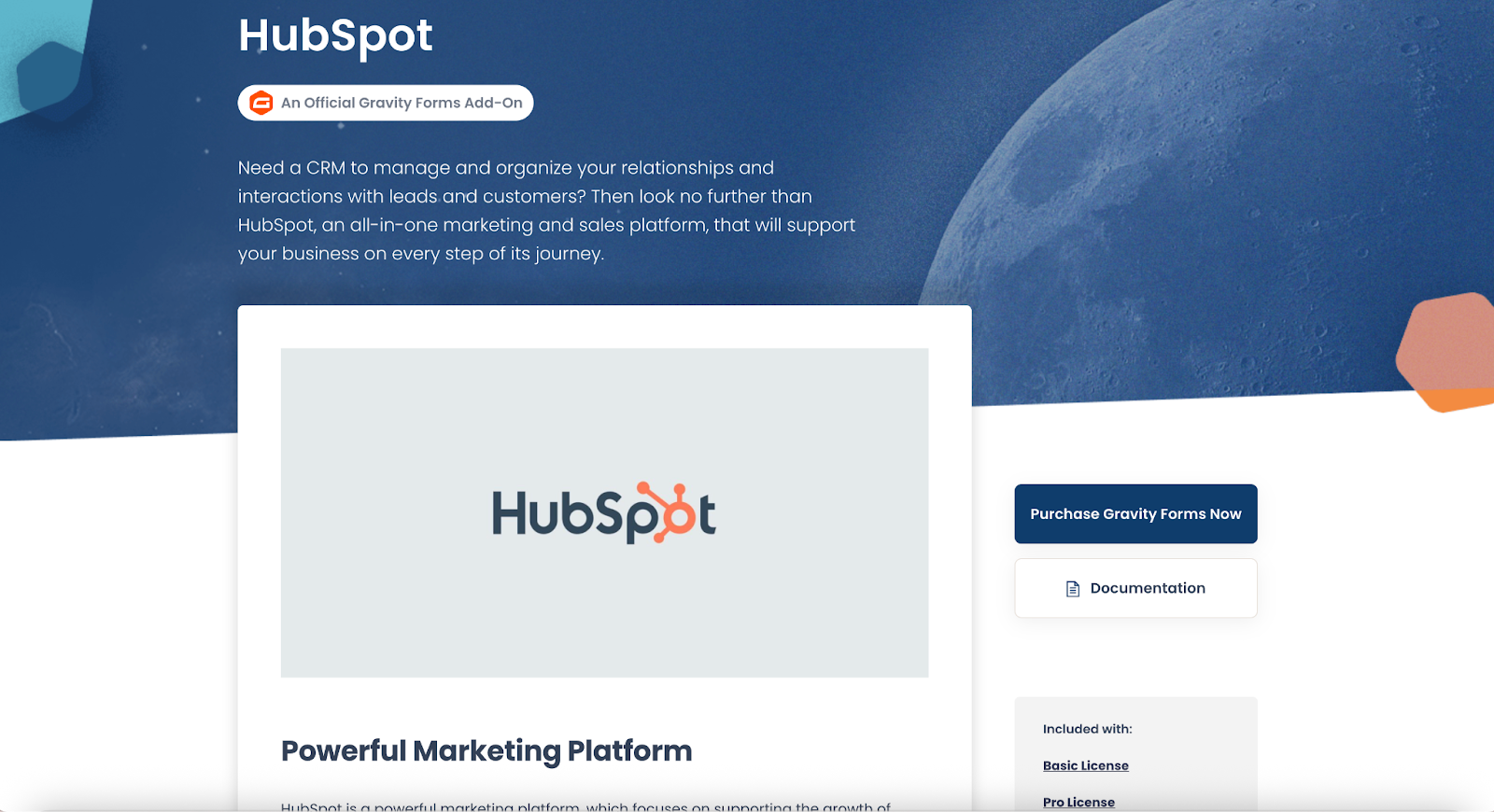 Screenshot of the Gravity Forms HubSpot add-on page, showing the key features