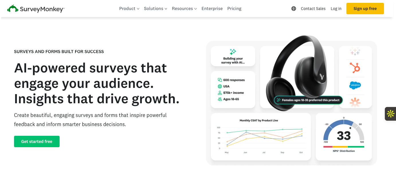 Screenshot of SurveyMonkey landing page