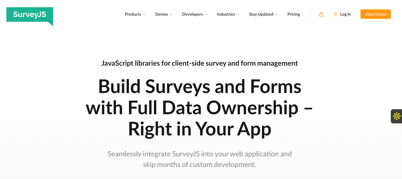 Screenshot of SurveyJS landing page